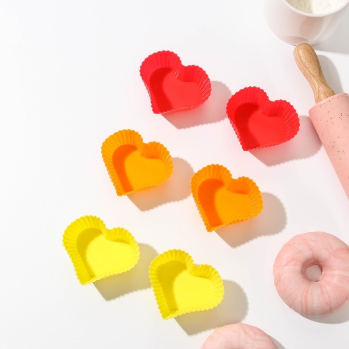 Формы для выпечки кексов Доляна «Риб.Сердце», силикон, 7×3×6 см, набор 6 шт, розовые