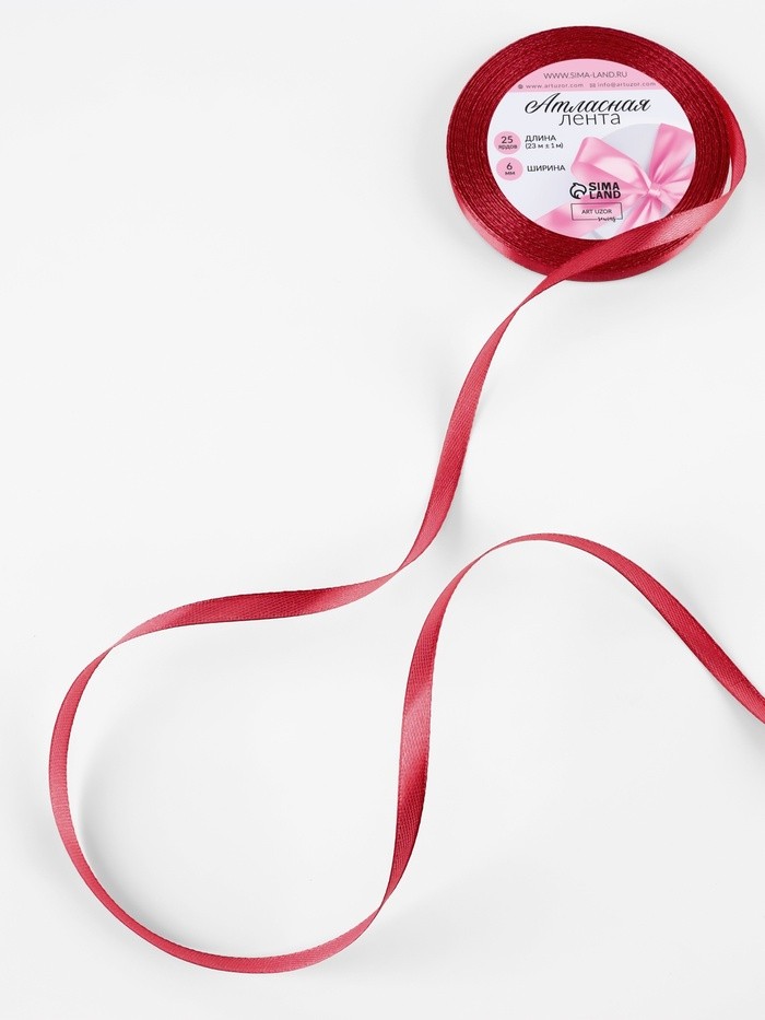 Лента атласная, 6 мм × 23 ± 1 м, цвет глубокий красный №33