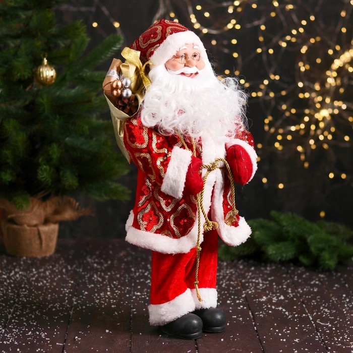 Дед Мороз под ёлку «Зимнее волшебство. В узорчатой шубе, с подвязкой», 47 см, красный