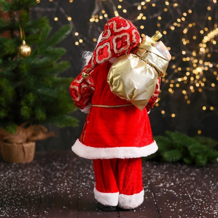 Дед Мороз под ёлку «Зимнее волшебство. В узорчатой шубе, с подвязкой», 47 см, красный