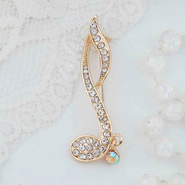 Брошь «Нота», белая в золоте