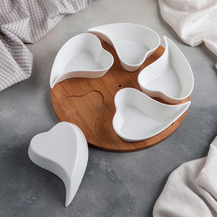 Набор соусников «Эстет. Сердца», 200 мл, 5 шт, на деревянной подставке, цвет белый