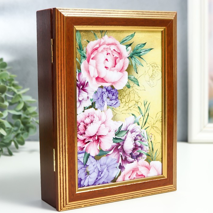 Ключница "Розовые пионы" орех 15х21 см