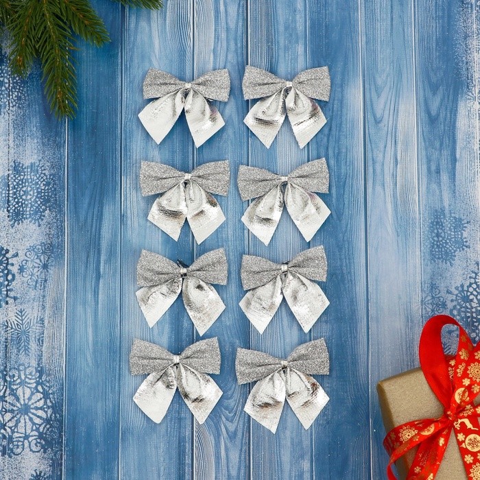 Ёлочные игрушки 8 шт., «Зимнее волшебство. Бантик с блеском» пластик, 4.5×5.5 см, серебро