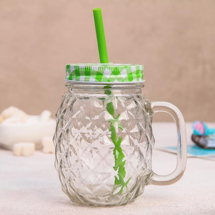 Банка с ручкой, крышкой и трубочкой Доляна «Ананас», 11×8,5×13 см