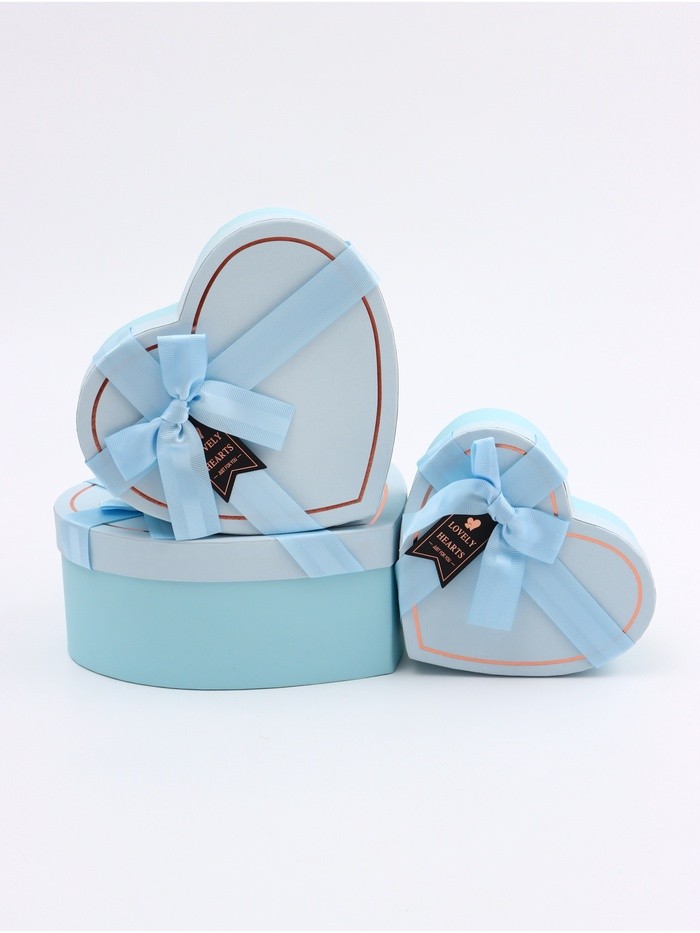 Набор подарочных коробок сердце 3 в 1, голубой с бантом, 22×20×9; 18.5×17×7.5; 16×14×6 см