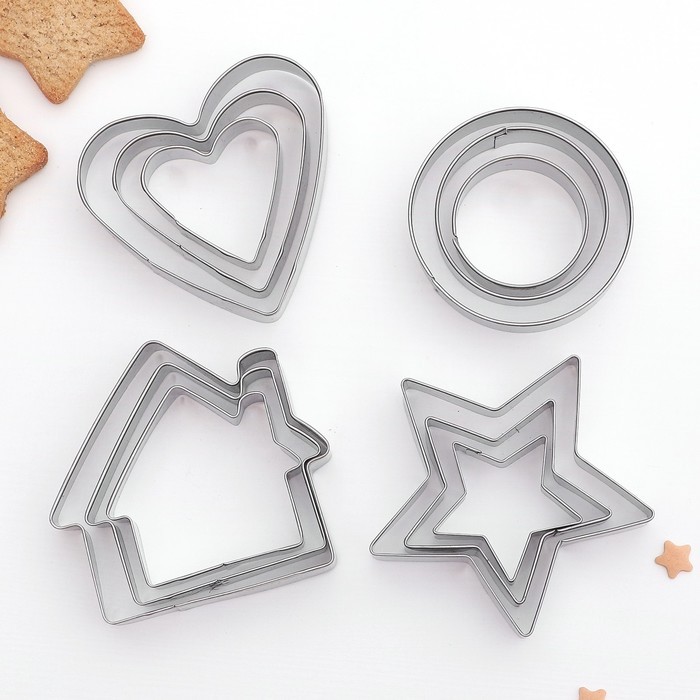 Формы для печенья Доляна «Домик.Круг.Сердце.Звезда», набор 12 шт., металл, серебристые