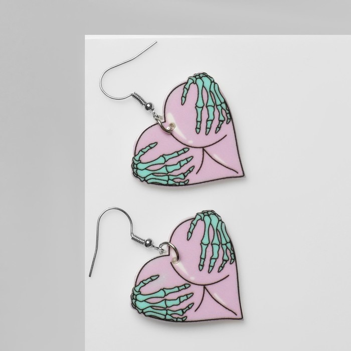 Серьги акриловые «Сердце» руки скелета, цвет зелёно-сиреневый