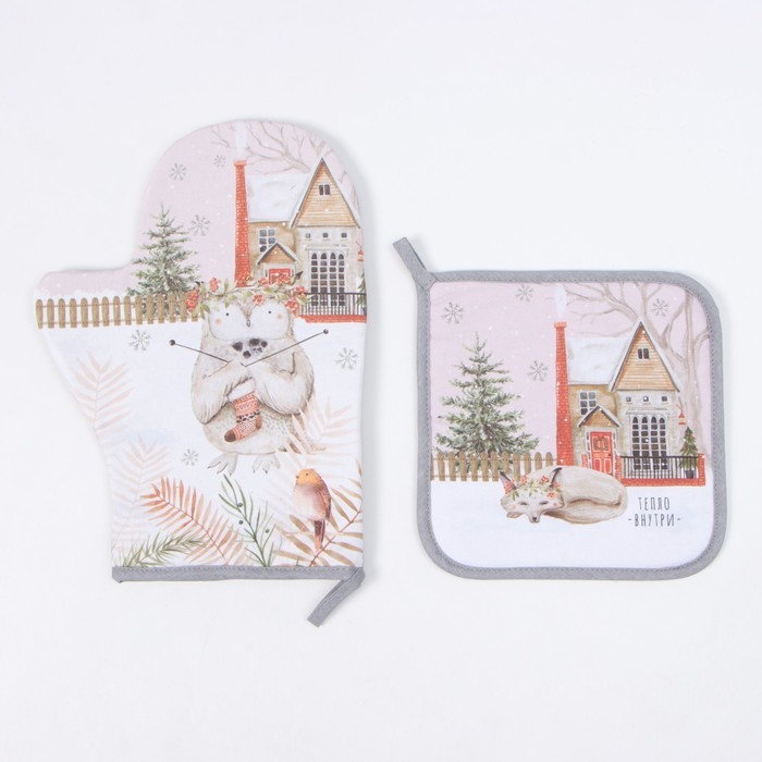 Набор кухонный новогодний Этель "Звери в городе": прихватка 19х19 см, Варежка-прихватка новогодняя 20х28 см, 100% хл