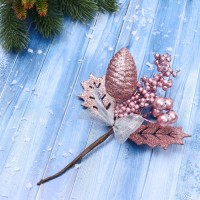 Новогодняя ветка декоративная «Зимнее волшебство. Восхищение», пластик, ягоды, шишка, бантик, 21 см, розовый