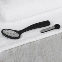 Тёрка для ног, лазерная, двусторонняя, с пилкой, прорезиненная ручка, 22 см, цвет чёрный