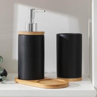 Аксессуары для ванной SAVANNA «Натура», 2 предмета: дозатор 400 мл, стакан, на подставке, чёрные