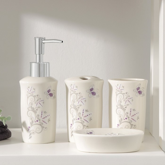 Аксессуары для ванной Доляна «Изящество», 4 предмета, дозатор 250 мл, мыльница, 2 стакана, белые