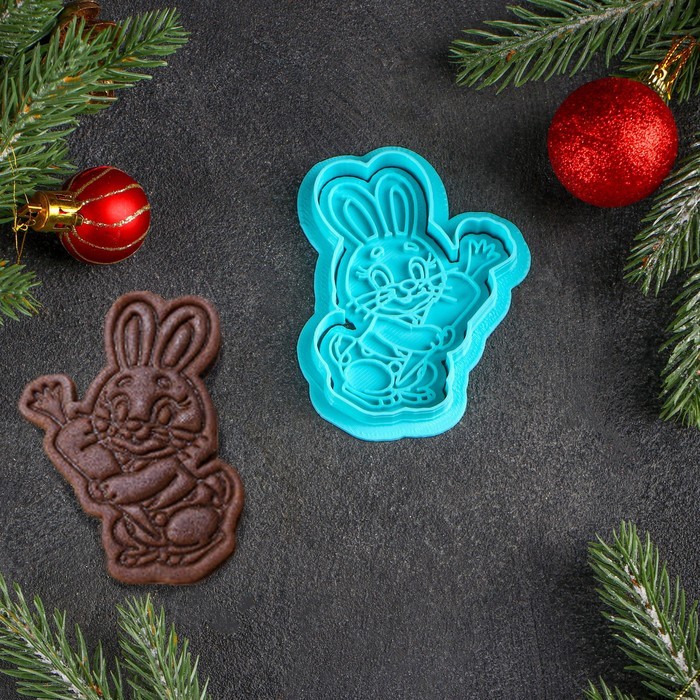 Форма для печенья «Зайчик с морковкой», штамп, вырубка, цвет голубой