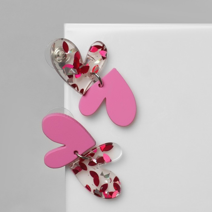 Серьги акриловые «Сердце» пара, цвет розовый