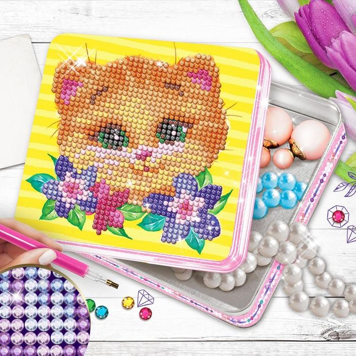 Алмазная мозаика на шкатулке с частичным заполнением «Котик», 14 х 14 см Алмазная мозаика на шкатулке с частичным заполнением «Котик», 14 х 14 см