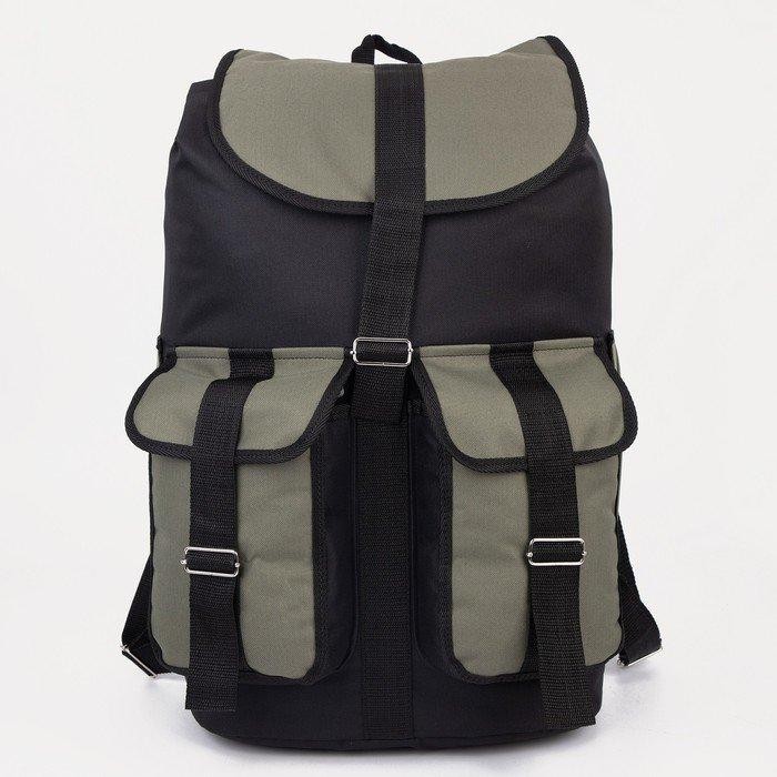 Рюкзак туристический на шнурке, 55 л, 3 наружных кармана, цвет чёрный/хаки