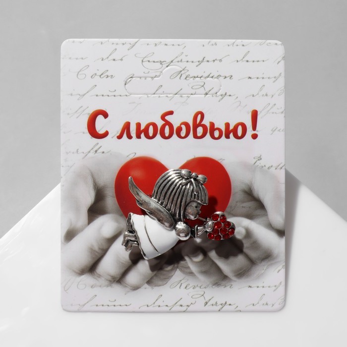 Брошь «Купидон» девочка, цвет красно-белый в чернёном серебре