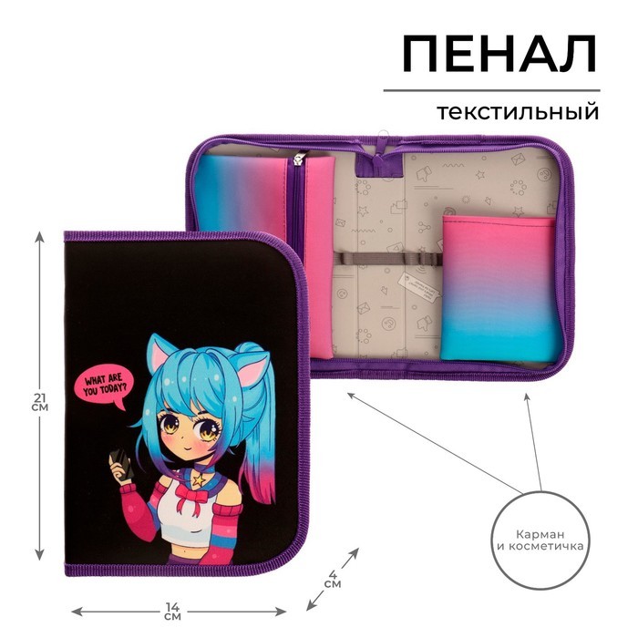 Пенал 1 секция 140×210×40 мм, откидной карман и косметичка, тканевый, Calligrata TOP Content «Корги»