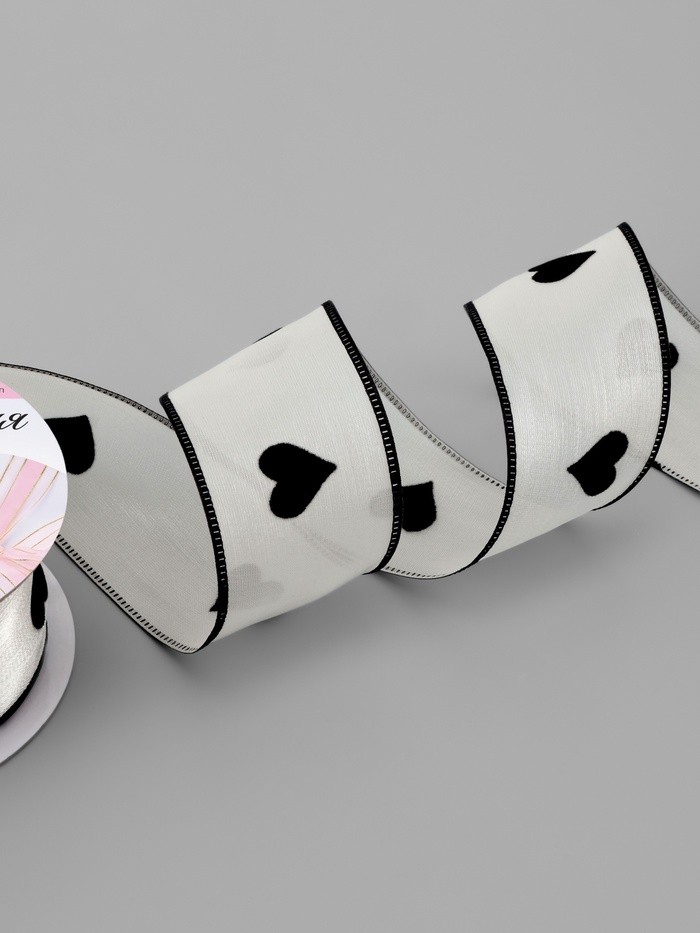 Лента капроновая «Сердечки», с рисунком, 38 мм×9.1±0.5 м, бежевая, чёрная