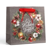 Пакет подарочный новогодний крафтовый квадратный «С Новым годом», 22×22×11 см