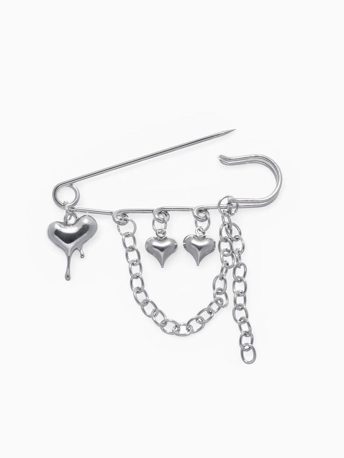 Булавка «Сердца» с цепочкой, цвет серебро