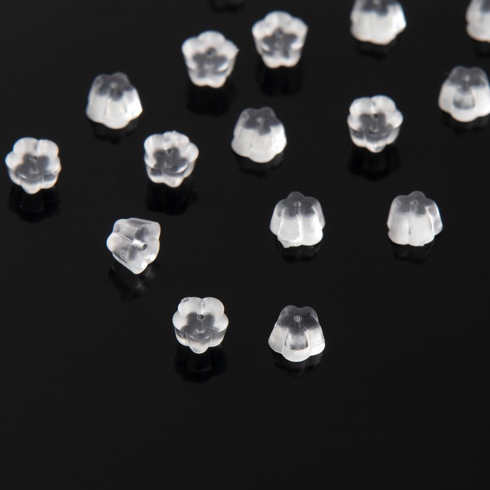 Заглушки для сережек, швенз, пусет силиконовые для швенз и пусет «Цветочки» (набор 10гр), 3*2,5мм, цвет прозрачный