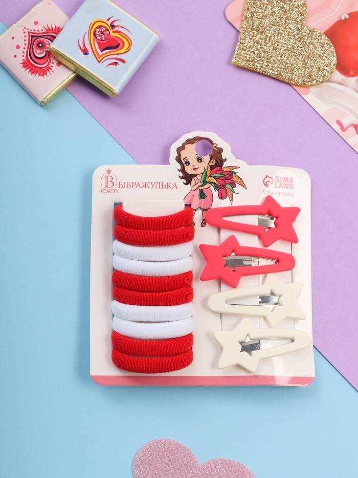 Набор для волос «Аделия»: 10 резинок 3 см, 4 невидимки 3.5 см, звезда, красный, белый
