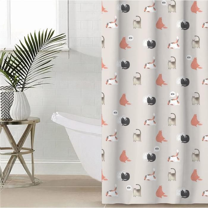 Штора для ванной водоотталкивающая Этель «Котики», 145х180 см, цвет бежевый, ткань оксфорд, 210гр/м2