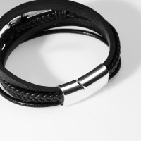 Браслет кожа «Крест» 5 нитей, серебряно-чёрный, 21 см