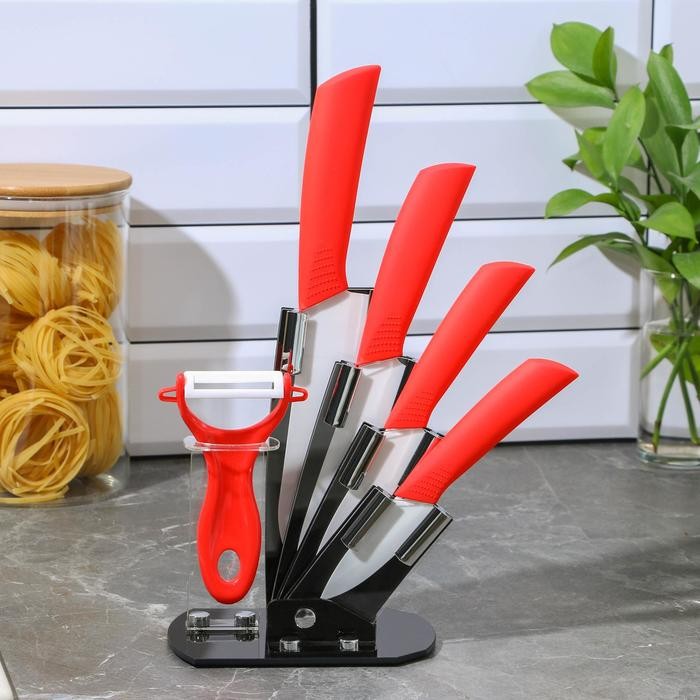 Набор кухонный, 5 предметов: ножи 7,5 см, 10,5 см, 13 см, 15 см, овощечистка, цвет голубой