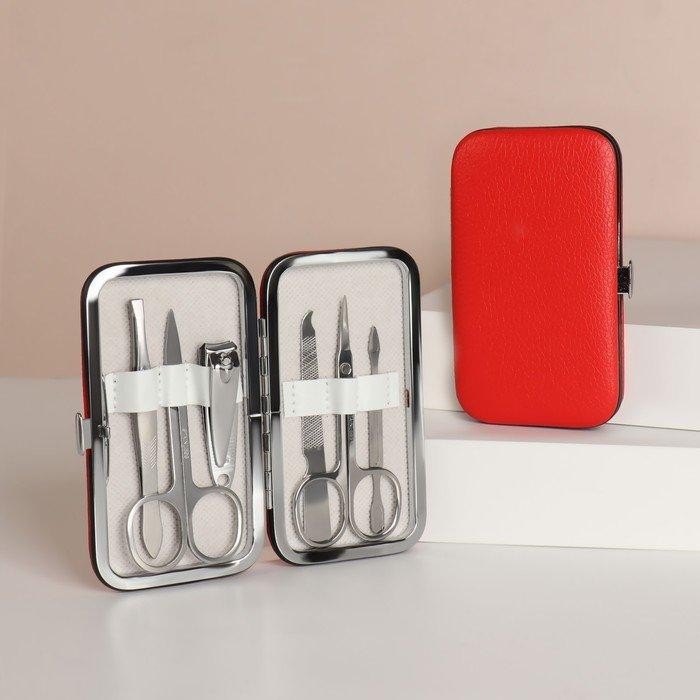 Набор маникюрный, 6 предметов, в футляре, красный