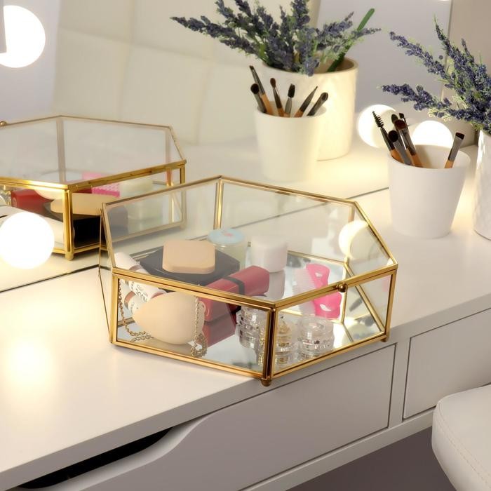 Органайзер для хранения, с крышкой, 1 секция, 26 × 23,5 × 7,1 см, в картонной коробке, цвет прозрачный/медный