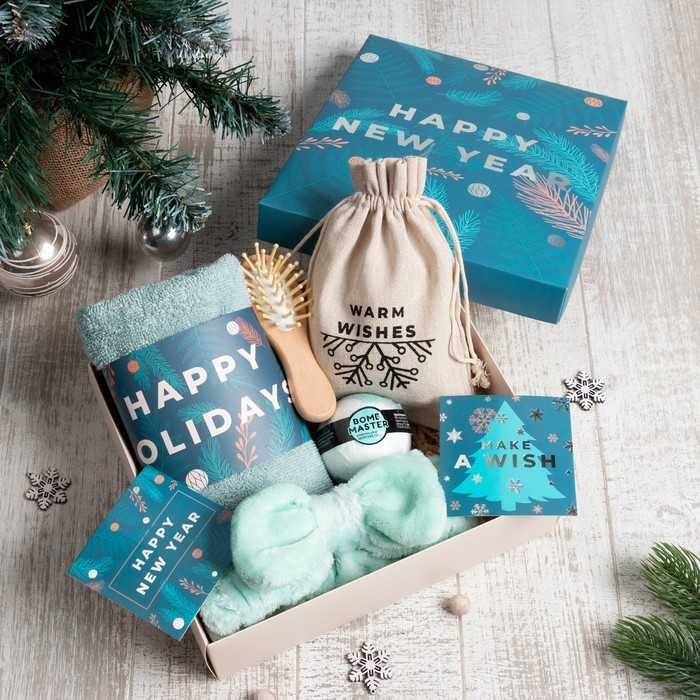 Набор новогодний подарочный "Этель" Happy new year бирюзовый полотенце и аксессуары (4 предмета)