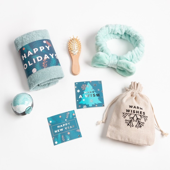 Набор новогодний подарочный "Этель" Happy new year бирюзовый полотенце и аксессуары (4 предмета)