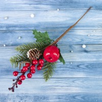 Новогодняя ветка декоративная «Зимнее волшебство. Грёзы», пластик, калина красная, яблоко, шишка, 25 см