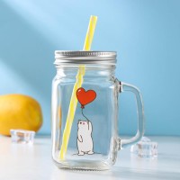 Банка с ручкой, крышкой и трубочкой Доляна «Медведь», 450 мл, 10×7,5×13 см