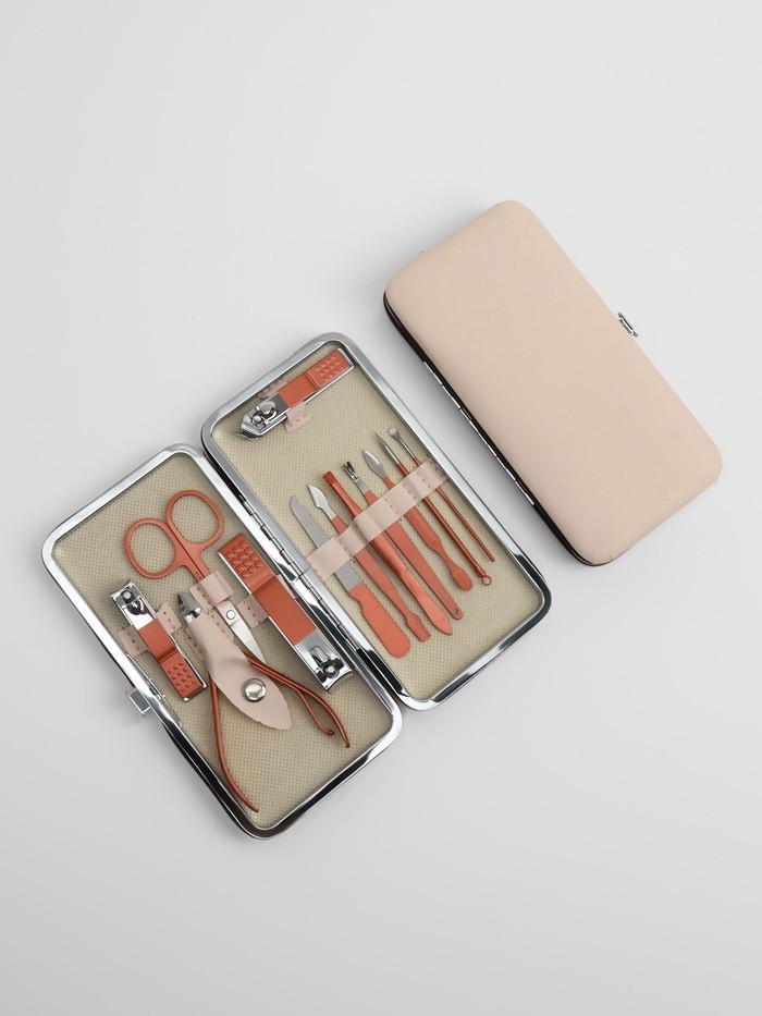 Набор маникюрный, 12 предметов, в футляре, бежевый, розовое золото