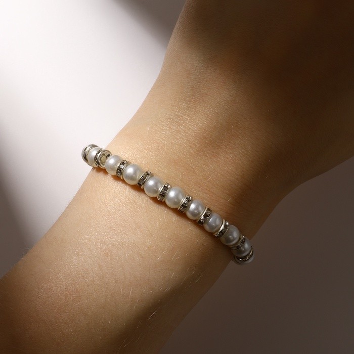 Браслет жемчуг «Невеста» со стразами, шар № 6, цвет белый, d=5,5 см