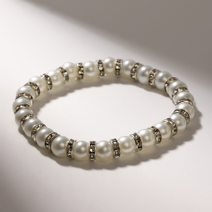 Браслет жемчуг «Невеста» со стразами, шар № 6, цвет белый, d=5,5 см