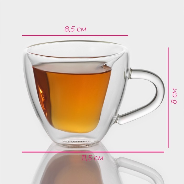 Набор кружек с двойными стенками Доляна «Сердце», 150 мл, 11.5×8.5×8 см, 2 шт., стекло, прозрачный