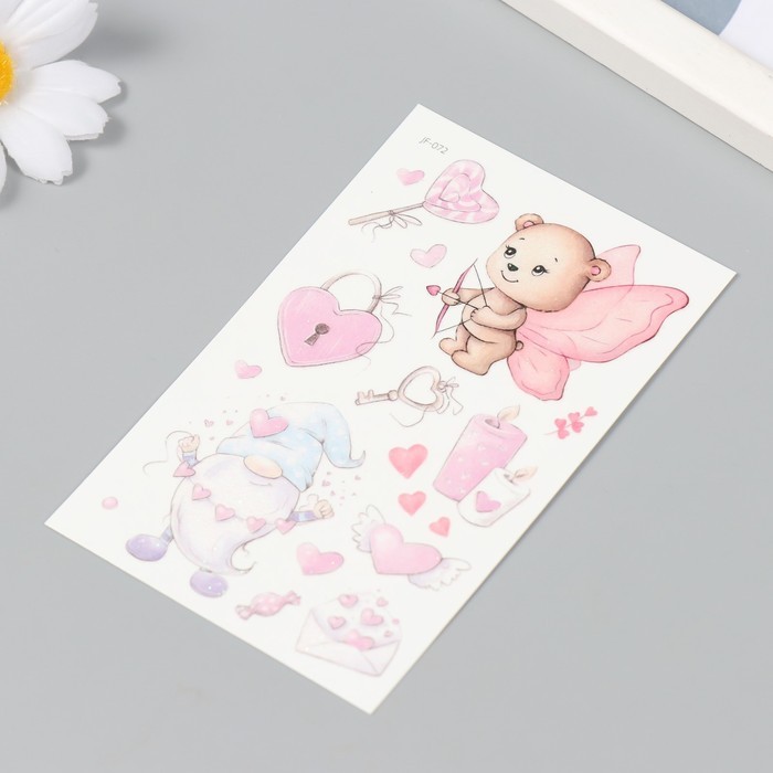 Татуировка на тело фосфорная цветная "Гном и мишка с сердечками" глиттер 7,5х12 см