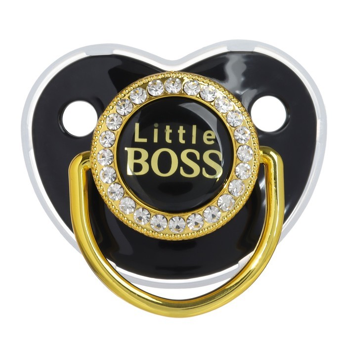 Соска - пустышка силиконовая ортодонтическая M&B «Маленький БОСС», от 6 мес., с колпачком, держатель - цепочка, черный/золото, стразы