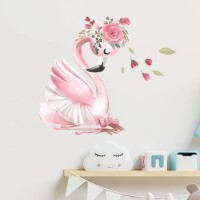 Наклейка пластик интерьерная цветная "Фламинго в балетной пачке с цветами" 30х60 см