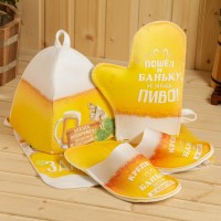 Набор для бани с принтом «Пиво», 4 предмета: шапка, рукавица, тапочки, коврик, полиэфир, жёлтый, «Банная забава»