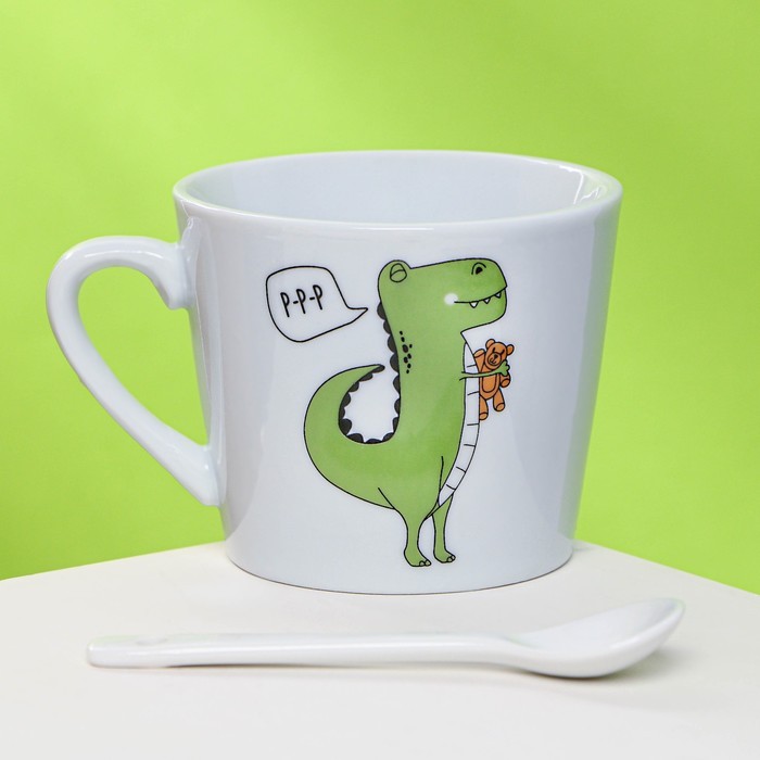 Кружка керамическая с ложкой «Динозавр: Я люблю тебя», 180 мл, цвет белый