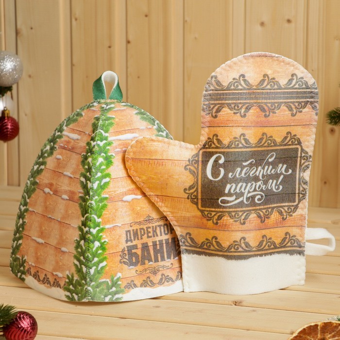 Набор для бани с принтом «Директор бани», 4 предмета: шапка, рукавица, тапочки, коврик, полиэфир, «Банная забава»