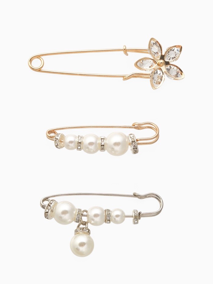 Набор булавок (3 шт.) «Жемчужины и цветы», 7.5 см, белый в золоте и серебре