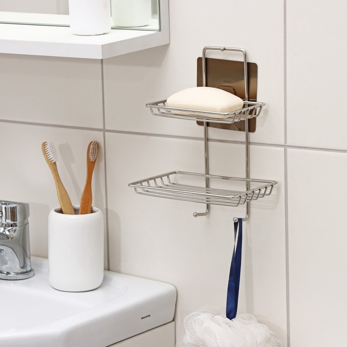 Мыльница 2-х ярусная на липучке Доляна, 2 крючка, 14.5×10×21 см, хром