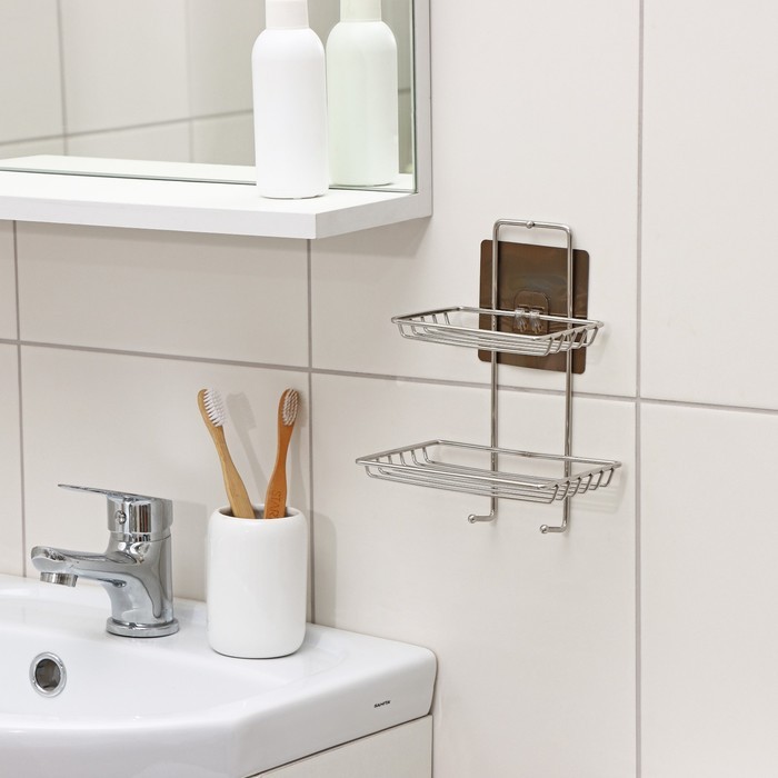 Мыльница 2-х ярусная на липучке Доляна, 2 крючка, 14.5×10×21 см, хром